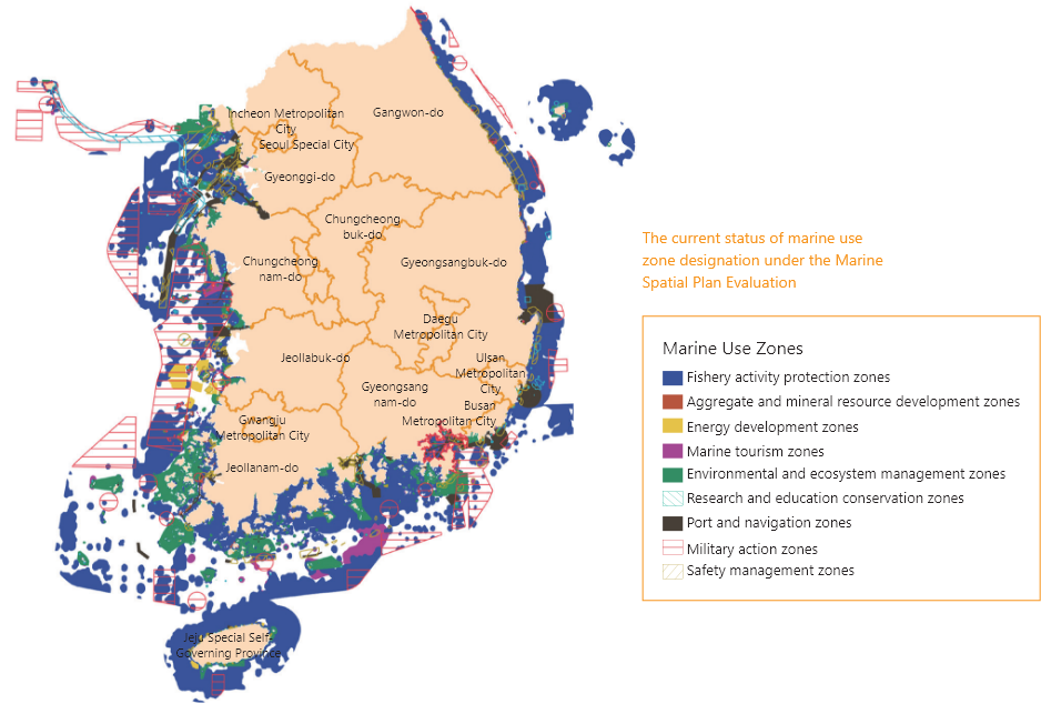 The current status of marine use zone designation under the Marine  Spatial Plan Evaluation. Marine Use Zones : Fishery activity protection zones, Aggregate and mineral resource development zones, Energy development zones, Marine tourism zones, Environmental and ecosystem management zones, Research and education conservation zones, Port and navigation zones, Military action zones, Safety management zones