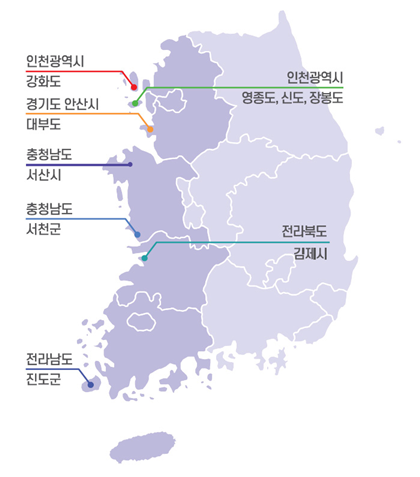갯끈풀 국내분포 현황 지도 이미지 - 인천광역시 강화도, 인천광역시 영종도, 신도, 장봉도, 경기도 안산시 대부도, 충청남도 서산시, 서천군, 전라북도 김제, 전라남도 진도군